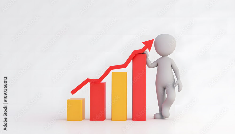 A 3D illustration of a white figure standing beside an upward-trending bar chart with orange and red bars, symbolizing growth and success. A 3D illustration of a white figure standing beside an upward-trending bar chart with orange and red bars, symbolizing growth and success.