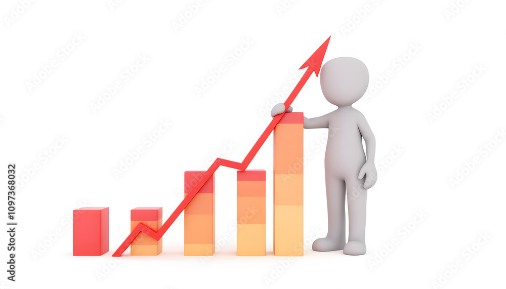 A 3D illustration of a white figure standing beside an upward-trending bar chart with orange and red bars, symbolizing growth and success. A 3D illustration of a white figure standing beside an upward-trending bar chart with orange and red bars, symbolizing growth and success.