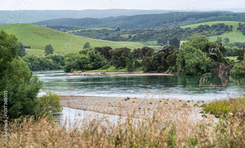 Clutha river in New zealand wide surrounded by trees landscape photo