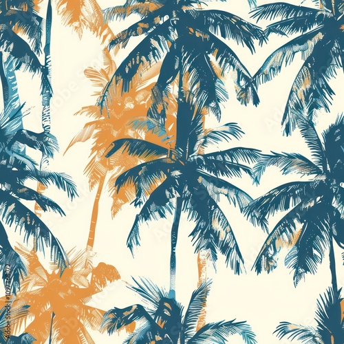 Fototapeta Naklejka Na Ścianę i Meble -  seamless tropical palm tree fabric background 
By Generated AI
