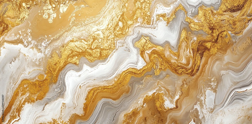 Abstract art featuring swirling gold and white patterns resembling agate stone. Abstract art featuring swirling gold and white patterns resembling agate stone.