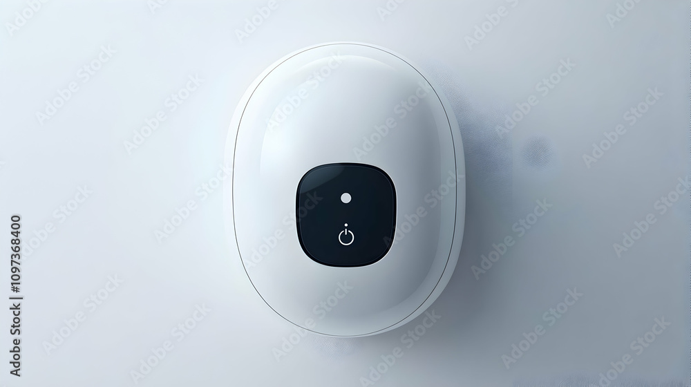 White oval device with a black circular button on a white background. White oval device with a black circular button on a white background.