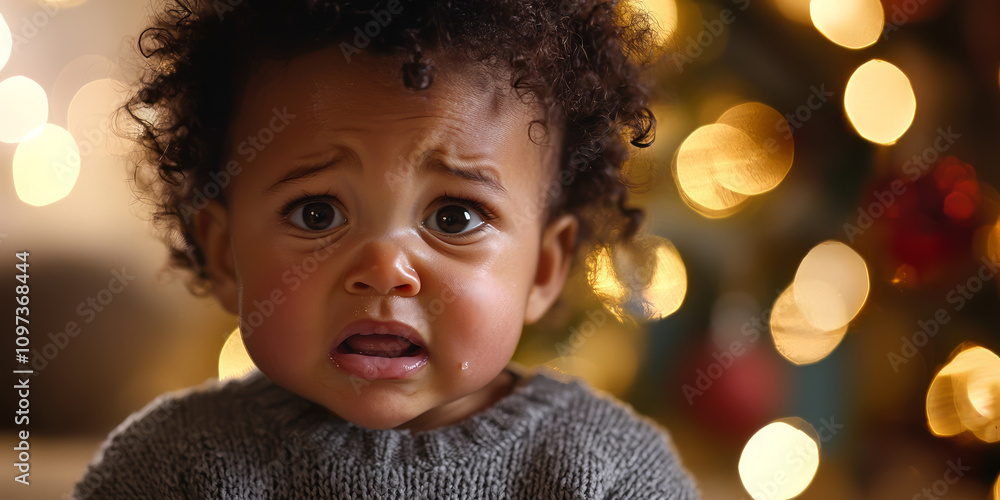 An adorable black baby with curly hair is crying, generative AI An adorable black baby with curly hair is crying, generative AI