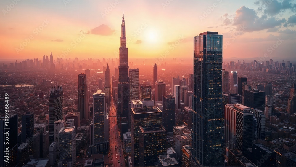 Naklejka premium Generative AI, Golden Hour Skyline over a Modern Metropolis