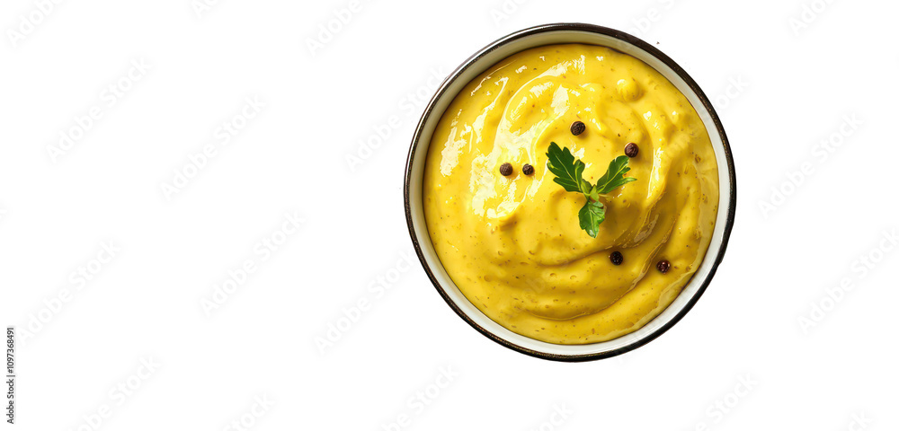 Smooth spread of creamy yellow mustard sauce in top view on white. Smooth spread of creamy yellow mustard sauce in top view on white.