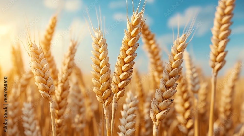 Golden Wheat Field at Sunset: A close-up of ripe wheat stalks bathed in the warm glow of the setting sun, with a blue sky and fluffy clouds as a backdrop. The image evokes feelings of peace. Golden Wheat Field at Sunset: A close-up of ripe wheat stalks bathed in the warm glow of the setting sun, with a blue sky and fluffy clouds as a backdrop. The image evokes feelings of peace.