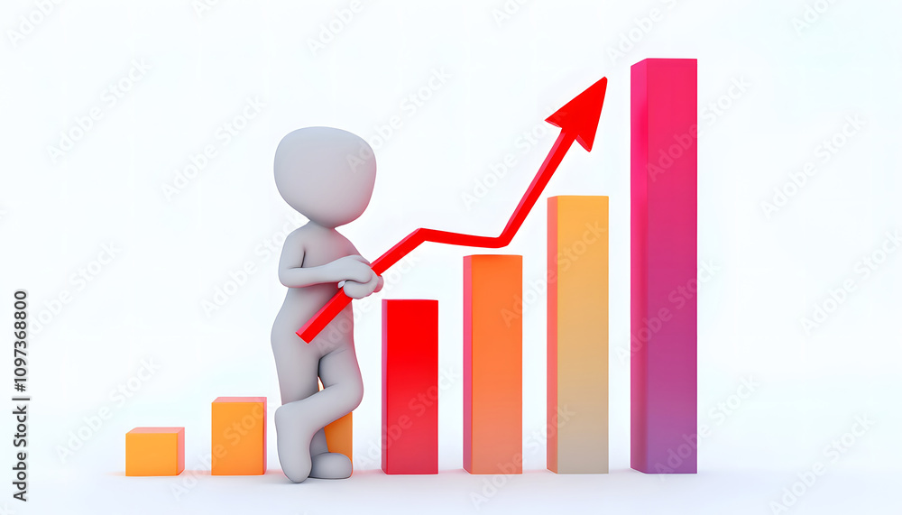 3D Business Growth Concept, Figure with Upward Bar Chart 3D Business Growth Concept, Figure with Upward Bar Chart