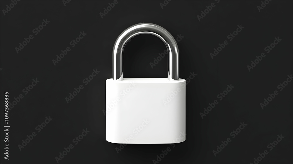 White padlock with silver shackle on black background. White padlock with silver shackle on black background.