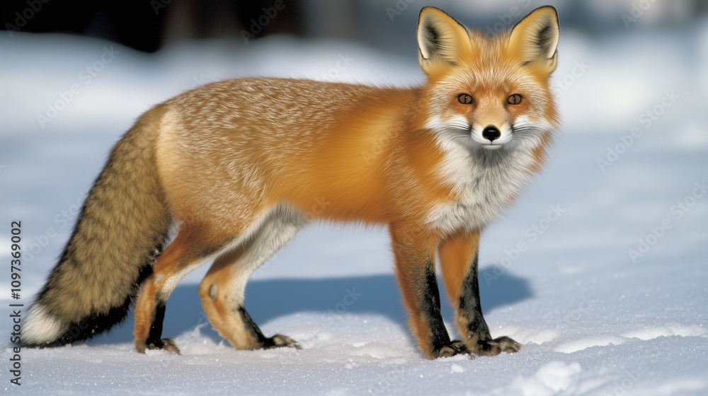 Fototapeta premium Red fox in profile, natural stance, detailed fur and vibrant colors, wildlife photography