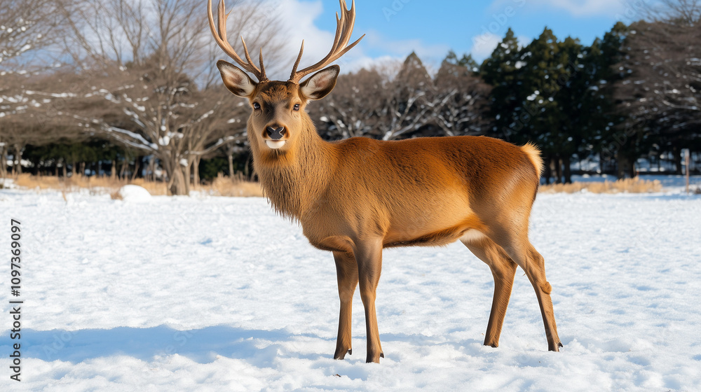 Majestic deer standing in a snowy landscape, winter wildlife scene, natural outdoor beauty Majestic deer standing in a snowy landscape, winter wildlife scene, natural outdoor beauty