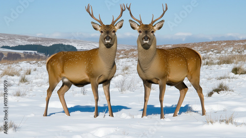 Two deer in a snowy field, peaceful winter setting, wildlife interaction and natural beauty