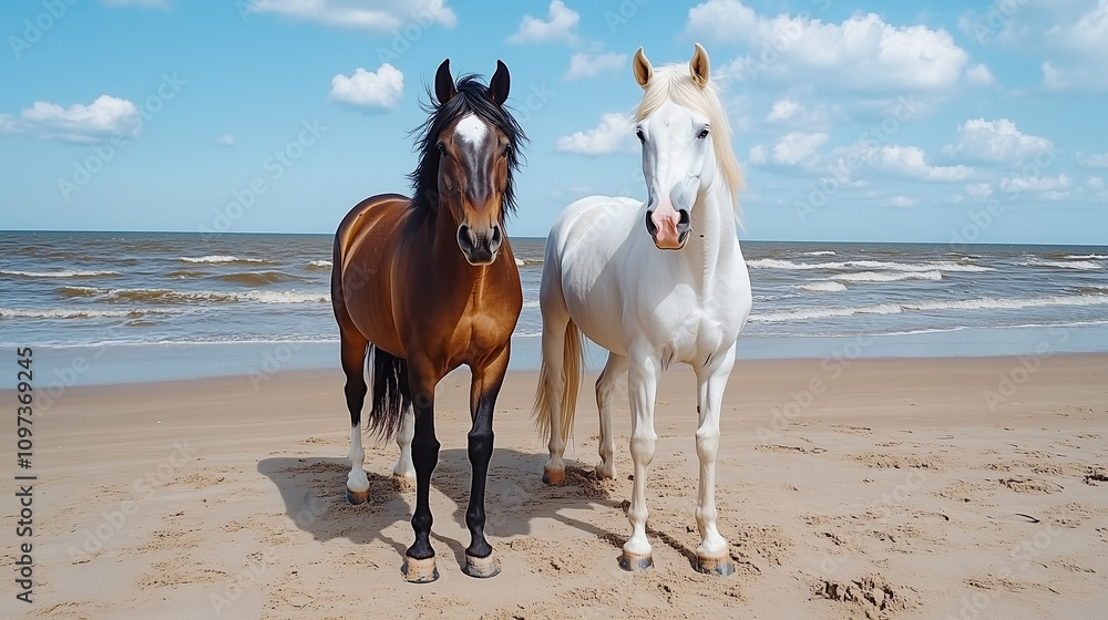 Two horses interacting while running on a beach, natural energy and companionship, coastal freedom Two horses interacting while running on a beach, natural energy and companionship, coastal freedom