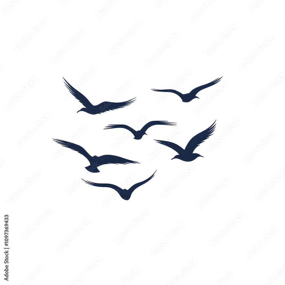 A Group of Five Birds Flying in Formation Against a White Background A Group of Five Birds Flying in Formation Against a White Background