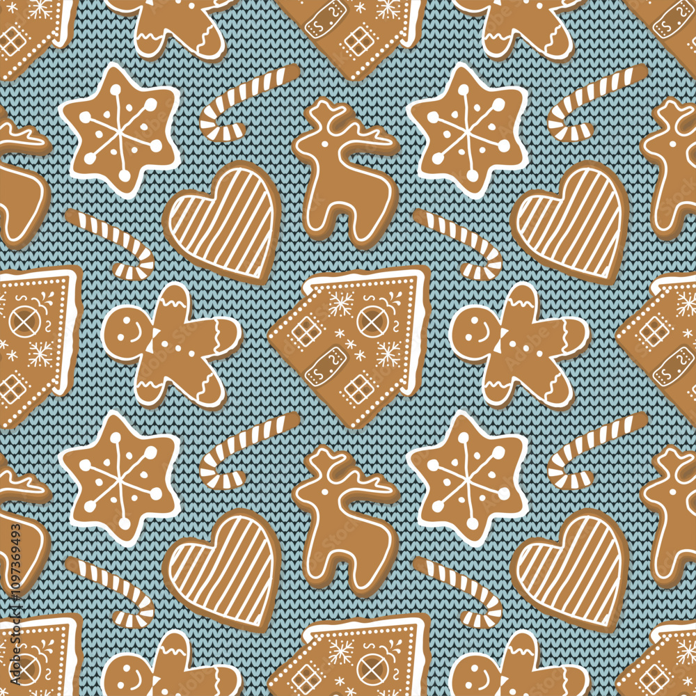 Christmas Seamless Pattern with Gingerbread Cookies. Holiday Print. Gingerbread houses, deer, heart, Gingerbread Man, Star. Winter Background. Vector illustration on Light Blue Knitted Background Christmas Seamless Pattern with Gingerbread Cookies. Holiday Print. Gingerbread houses, deer, heart, Gingerbread Man, Star. Winter Background. Vector illustration on Light Blue Knitted Background