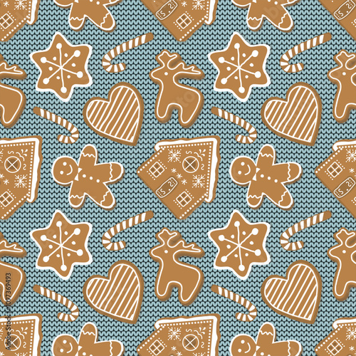 Christmas Seamless Pattern with Gingerbread Cookies. Holiday Print. Gingerbread houses, deer, heart, Gingerbread Man, Star. Winter Background. Vector illustration on Light Blue Knitted Background