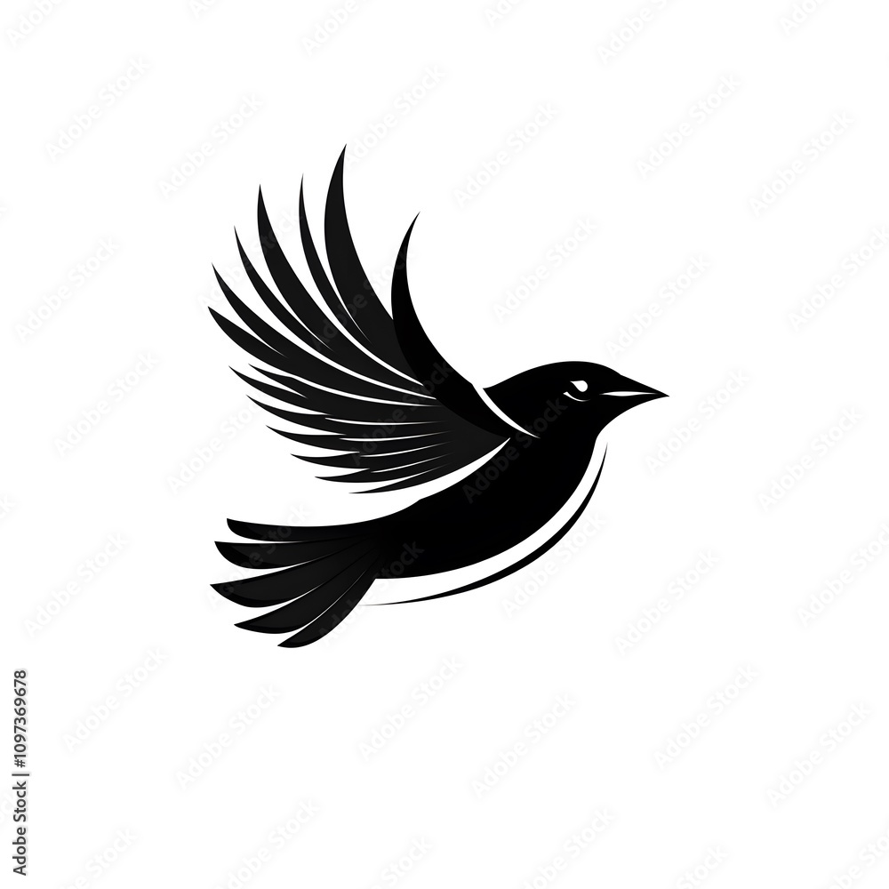 Black silhouette of a bird in flight with wings spread wide Black silhouette of a bird in flight with wings spread wide
