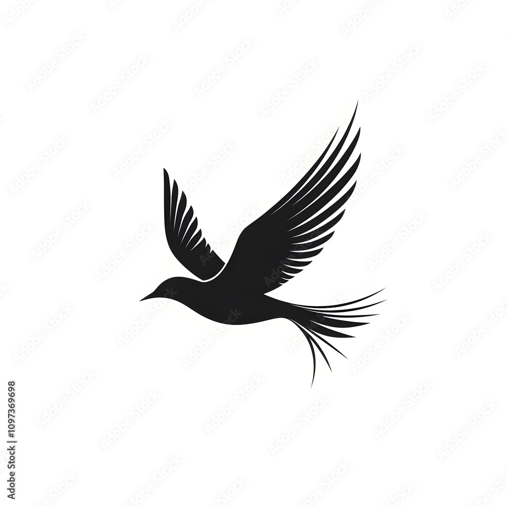Obraz premium Black silhouette of a stylized bird with wings spread in flight