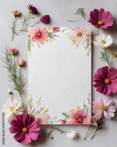 Blank wedding invitation surrounded by watercolor flowers.