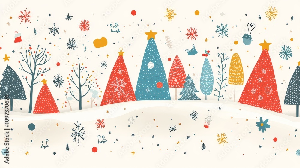Whimsical winter landscape with colorful Christmas tree shapes and scattered golden stars creating a playful holiday scene on a soft beige background Whimsical winter landscape with colorful Christmas tree shapes and scattered golden stars creating a playful holiday scene on a soft beige background
