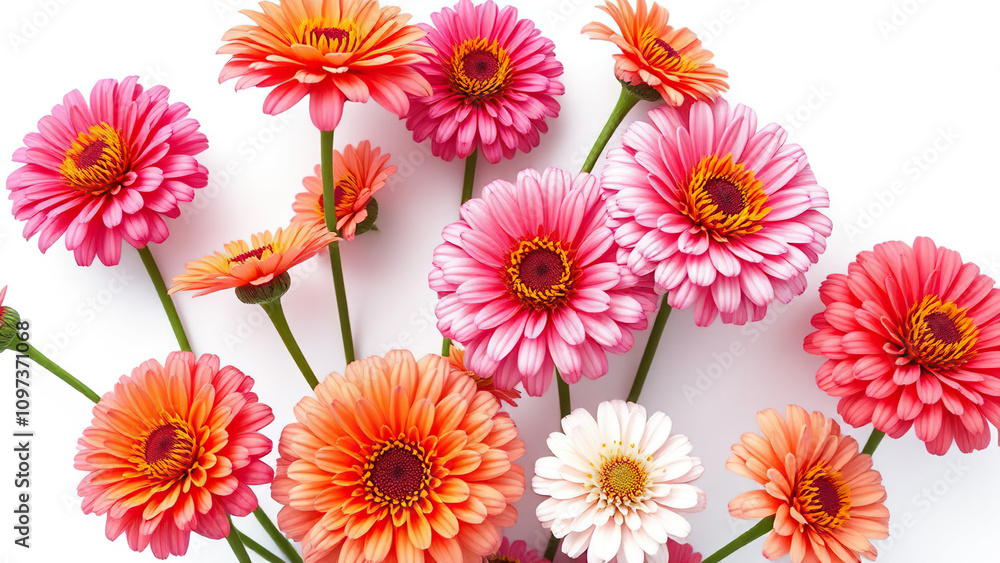 A bunch of zinnia flowers isolated on a plain white background, colorful, bunch, vibrant, zinnia, white background A bunch of zinnia flowers isolated on a plain white background, colorful, bunch, vibrant, zinnia, white background