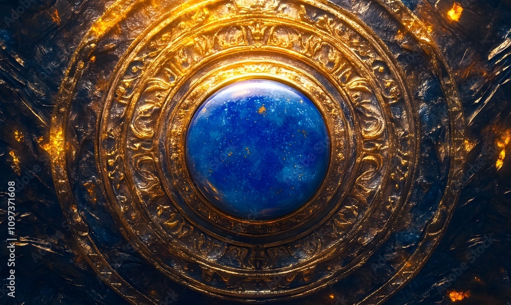 Fototapeta premium Lapis lazuli gemstone in ornate gold setting.