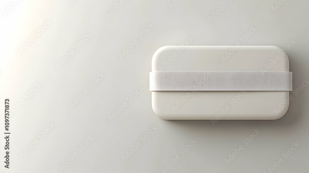 White rectangular bento box with a fabric band on a white background. White rectangular bento box with a fabric band on a white background.