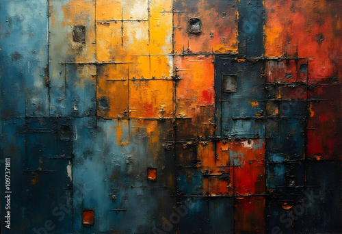 Vibrant abstract painting with bold colors and geometric patterns, showcasing blend of orange, blue, and black hues. textured surface adds depth and interest