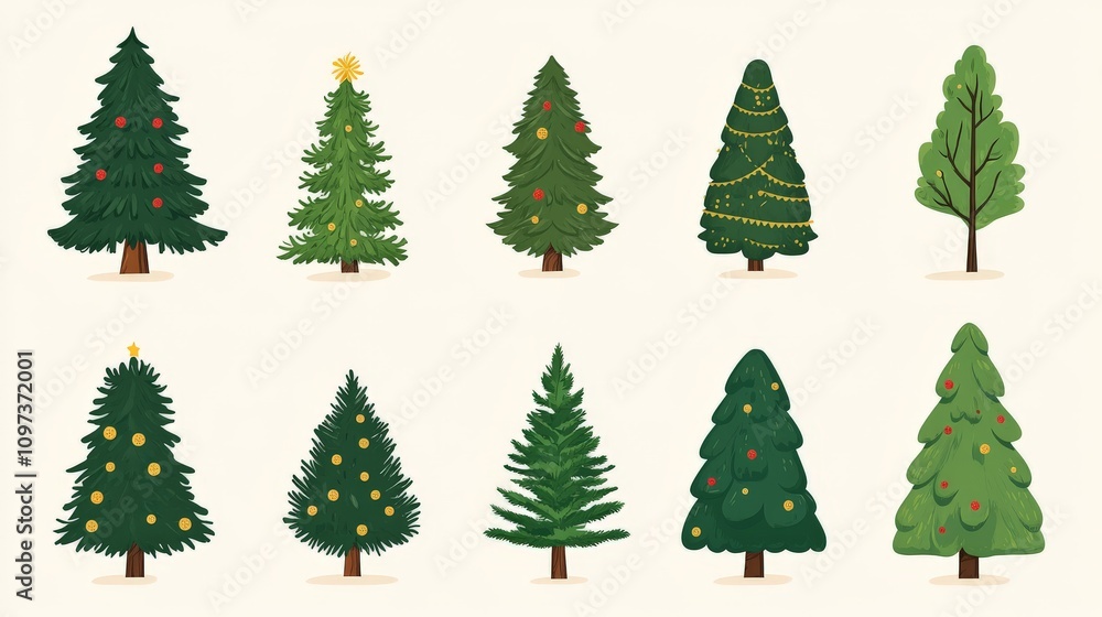 Fototapeta premium Assorted evergreen Christmas tree illustrations in varied shades of green with minimalist designs on an off white background highlighting festive diversity and simplicity