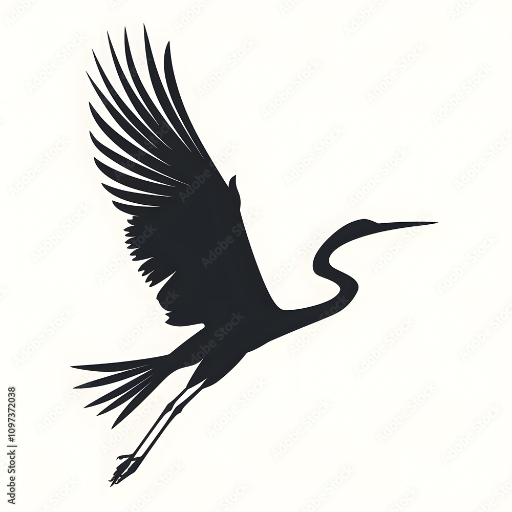 Obraz premium Graceful silhouette of a crane in flight, featuring elegant wings and long legs. Ideal for nature, wildlife, and birdrelated designs with its aesthetic and artistic appeal