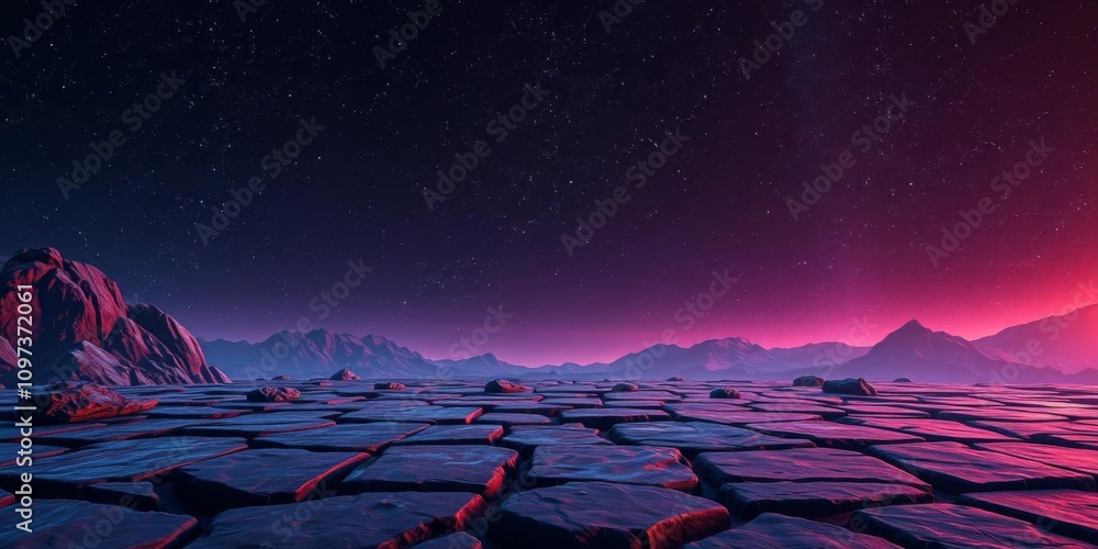 Fototapeta premium Fantasy alien planet landscape with cosmic purple rocks and neon stars, vector illustration for game banner, cosmos, banner