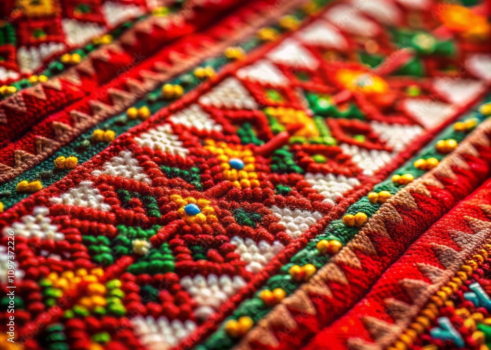 Bulgarian Embroidery Red Threads, Traditional Materials, High Depth of Field Bulgarian Embroidery Red Threads, Traditional Materials, High Depth of Field