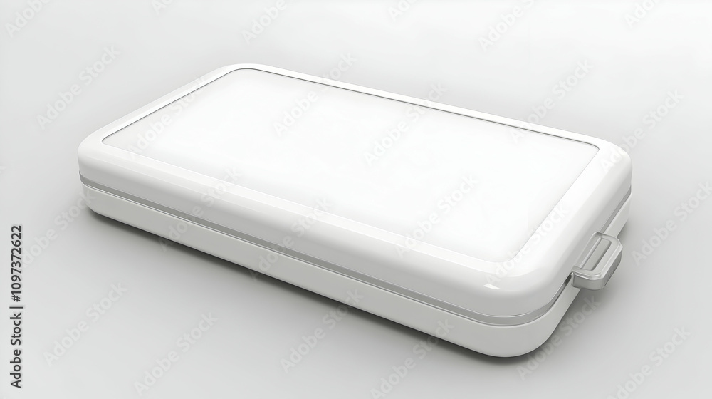 White rectangular box with a slightly raised lid and a small latch. White rectangular box with a slightly raised lid and a small latch.