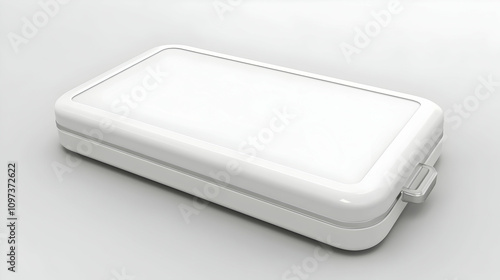 White rectangular box with a slightly raised lid and a small latch.