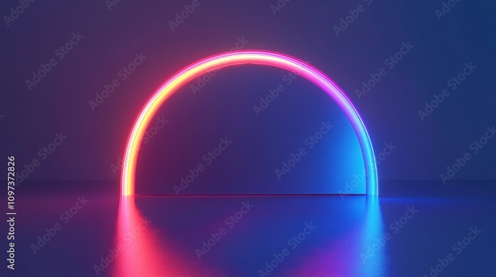 Semicircular neon light arch with vibrant pink and blue glow reflecting on a dark surface. Semicircular neon light arch with vibrant pink and blue glow reflecting on a dark surface.