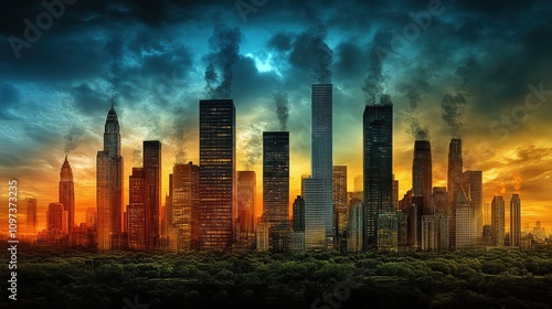Wallpaper Mural Vibrant Sunset over a City Skyline with Smoky Clouds and Skyscrapers Against a Dramatic Sky, Symbolizing Urban Life and Environmental Concerns Torontodigital.ca