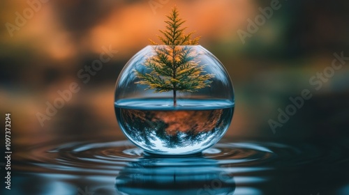 Wallpaper Mural Isolated Green Tree Inside a Round Glass Sphere in Calm Waters Surrounded by Beautiful Autumn Colors and Soft Reflections in Nature Photography Torontodigital.ca