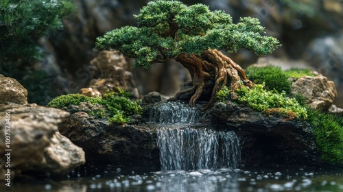 Tranquil Bonsai Waterfall: A Serene Miniature Garden photo