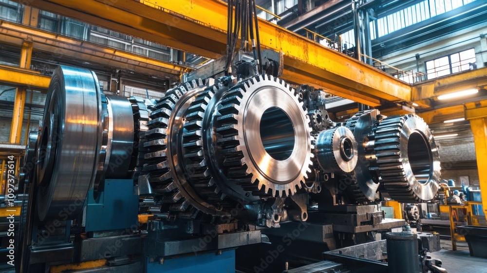 Heavy machinery factory, massive gears and engines being assembled, industrial crane overhead Heavy machinery factory, massive gears and engines being assembled, industrial crane overhead