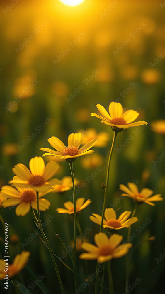 Obraz premium Close-up shot of isolated yellow flowers in a field, flora, spring, petal, nature, macro
