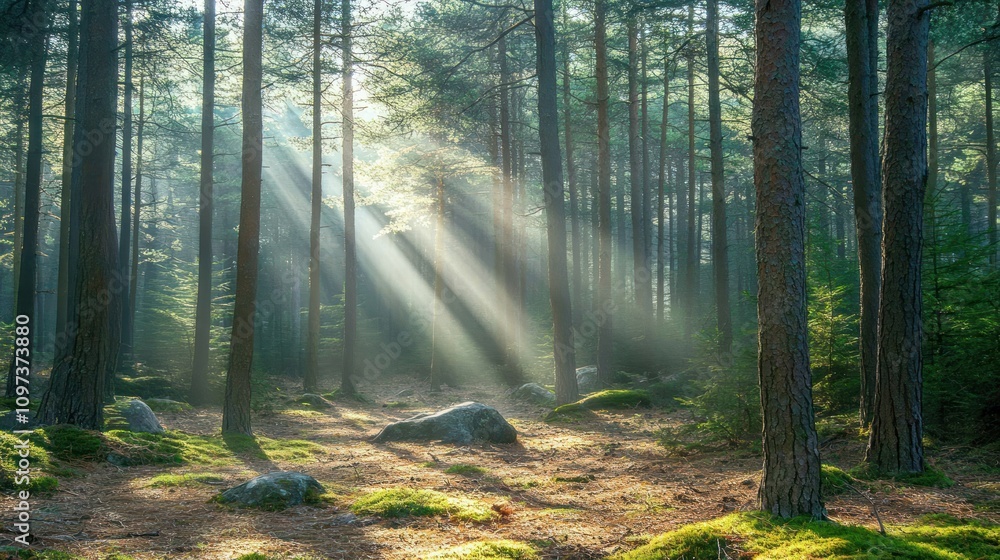 Obraz premium Sunlight filtering through a serene forest landscape.