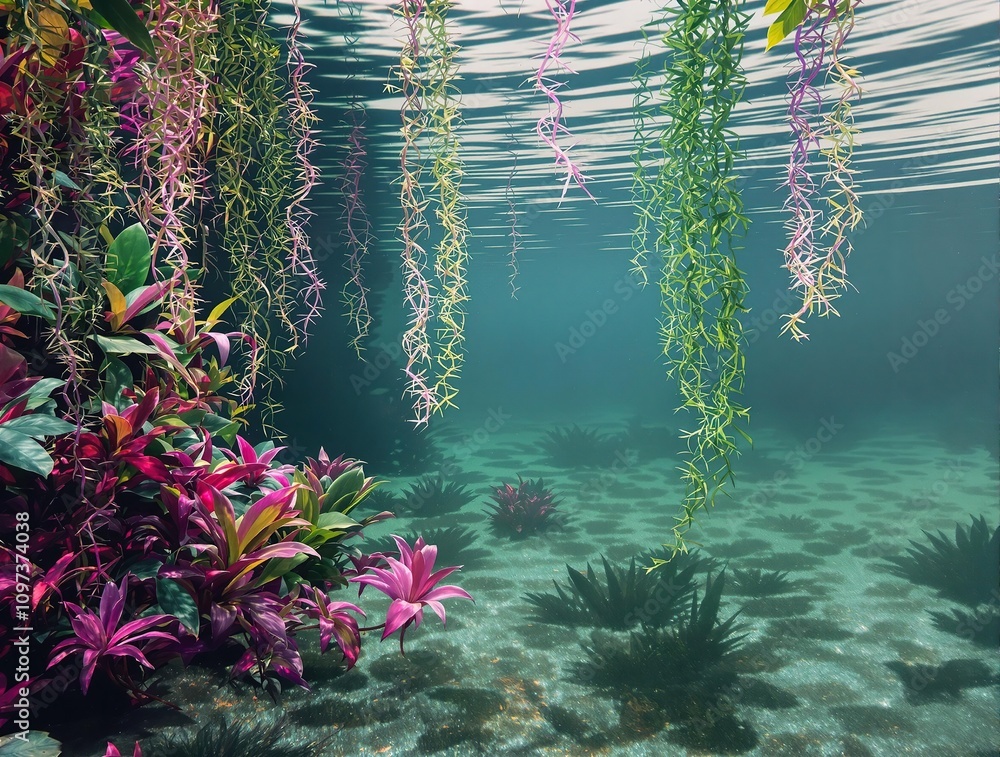 Obraz premium Colorful aquatic plants floating on the surface of a pond, water lilies, peaceful atmosphere., natural scenery, pond life