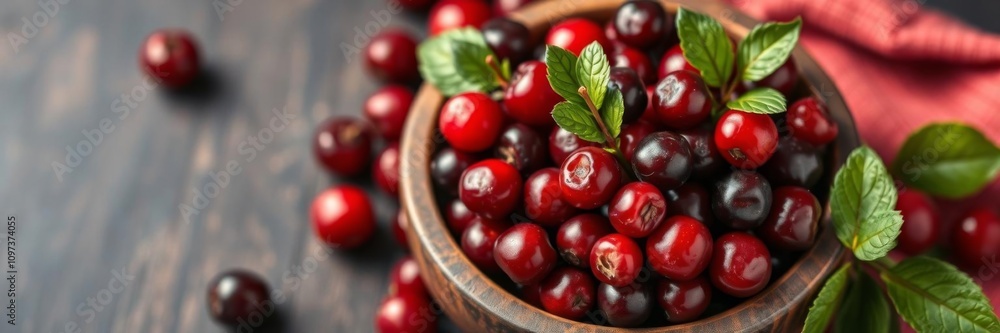 Fresh cranberries in a rustic wooden bowl on a dark blue background, fruit, colorful Fresh cranberries in a rustic wooden bowl on a dark blue background, fruit, colorful
