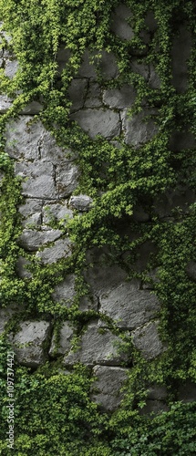 Crumbling stone wall with vines and moss covering it , overgrown, vines photo