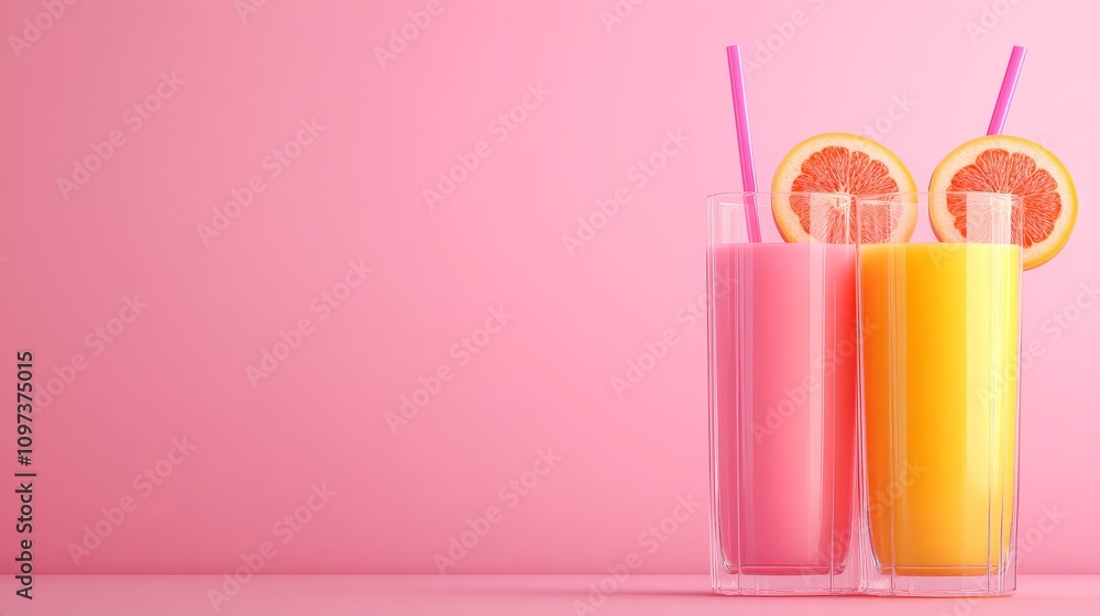 Pink Paradise: Two refreshing smoothies, one pink and one yellow, with grapefruit slices and pink straws, on a pink background. A vibrant and cheerful scene perfect for summer, healthy living. Pink Paradise: Two refreshing smoothies, one pink and one yellow, with grapefruit slices and pink straws, on a pink background. A vibrant and cheerful scene perfect for summer, healthy living.