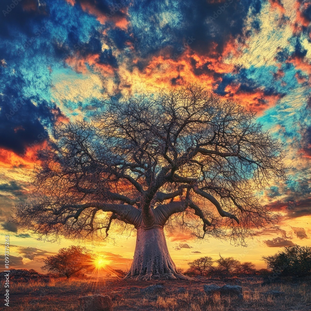 Obraz premium Majestic Baobab at Sunset: A Serene African Landscape
