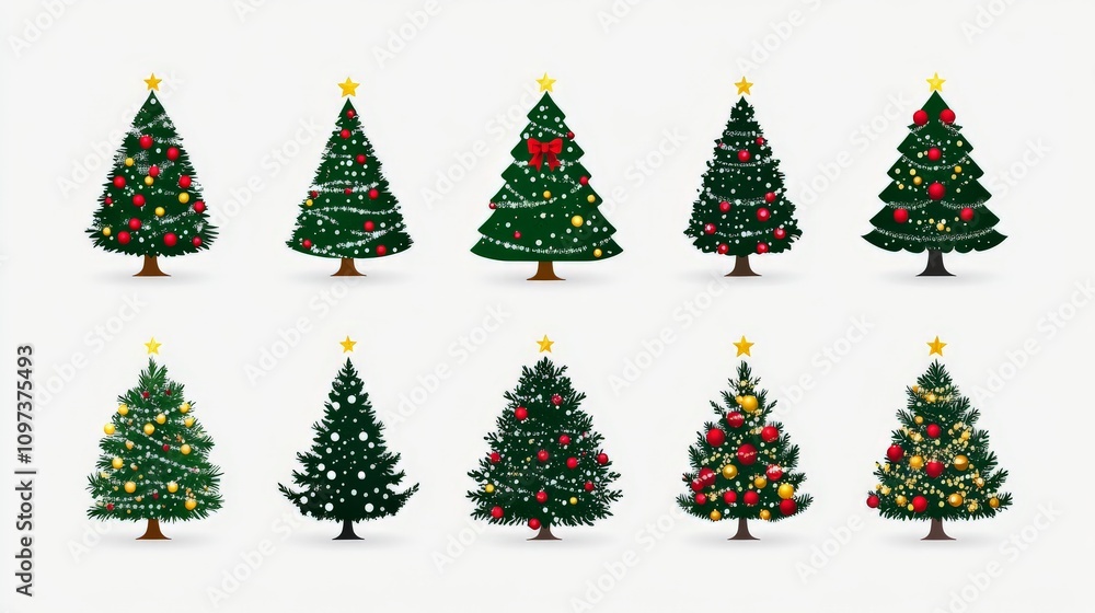 Realistic collection of lush decorated Christmas trees with vibrant ornaments and sparkling lights on a soft neutral background for festive seasonal imagery Realistic collection of lush decorated Christmas trees with vibrant ornaments and sparkling lights on a soft neutral background for festive seasonal imagery