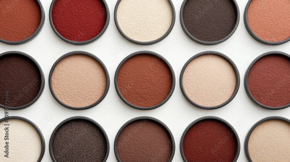Earthy Elegance: A palette of eyeshadows in warm, earthy tones arranged in a captivating grid pattern. Perfect for beauty bloggers, makeup artists.