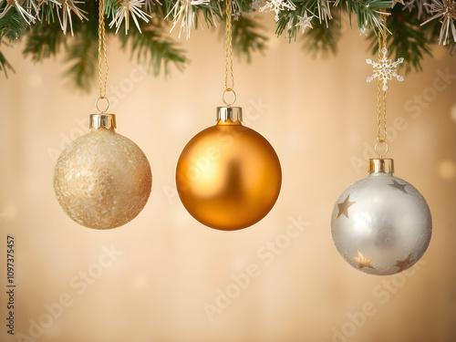 Gold and silver christmas ornaments hanging on silver and gold chains with a light gold background and stars photo