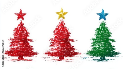 Bold and textured holiday trees in vivid red green and blue hues with dynamic brushstroke patterns designed as a vibrant Christmas themed vector for modern festive decor photo