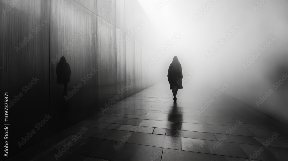 Solitary figure walking in foggy urban alley. Solitary figure walking in foggy urban alley.